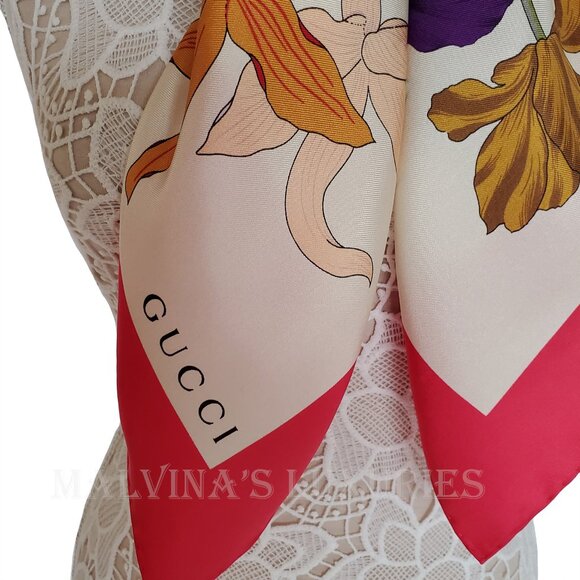 GUCCI SCARF FLORA GOTHIC PRINT IVORY SILK RASPBERRY BORDER SQUARE 35" - Picture 8 of 15